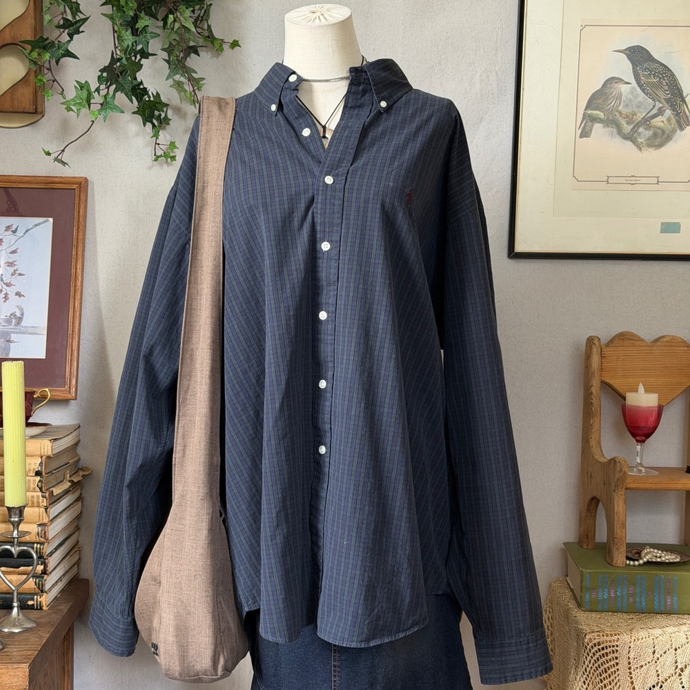 Ralph Lauren Navy Green Plaid Cotton Button-Down Shirt Oversized XXL Faded